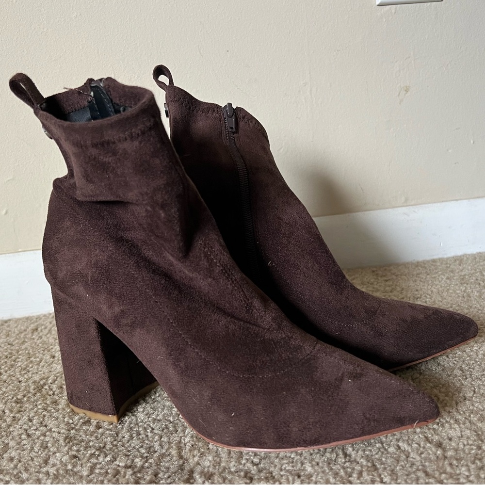 Steve Madden Pointed Toe Block Heel Ankle Boot - Dark Brown Suede